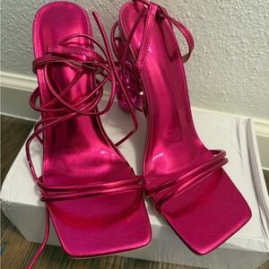 SHEIN Fuchsia Metallic Strappy Square-Toe Lace-Up Heels